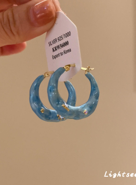 法式复古蓝色滴釉圈圈女士耳环2025新爆款耳钉轻奢小众高级感耳饰