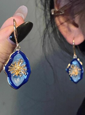 复古滴釉蓝色花朵耳环女2025新爆款独特耳钉轻奢小众设计耳饰耳坠