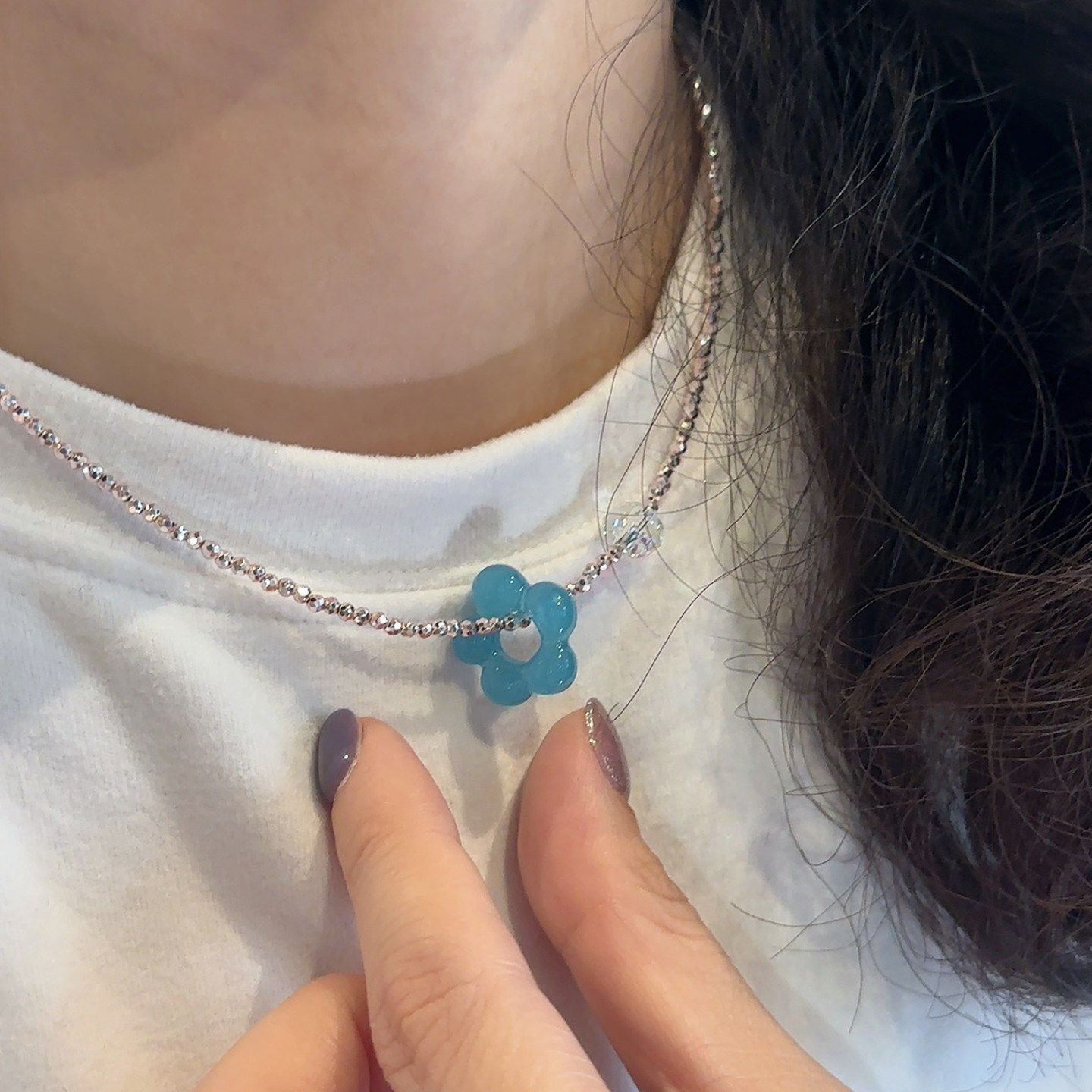 韩系ins银色仿碎银子蓝色小花吊坠项链女款百搭小众巨好看锁骨链