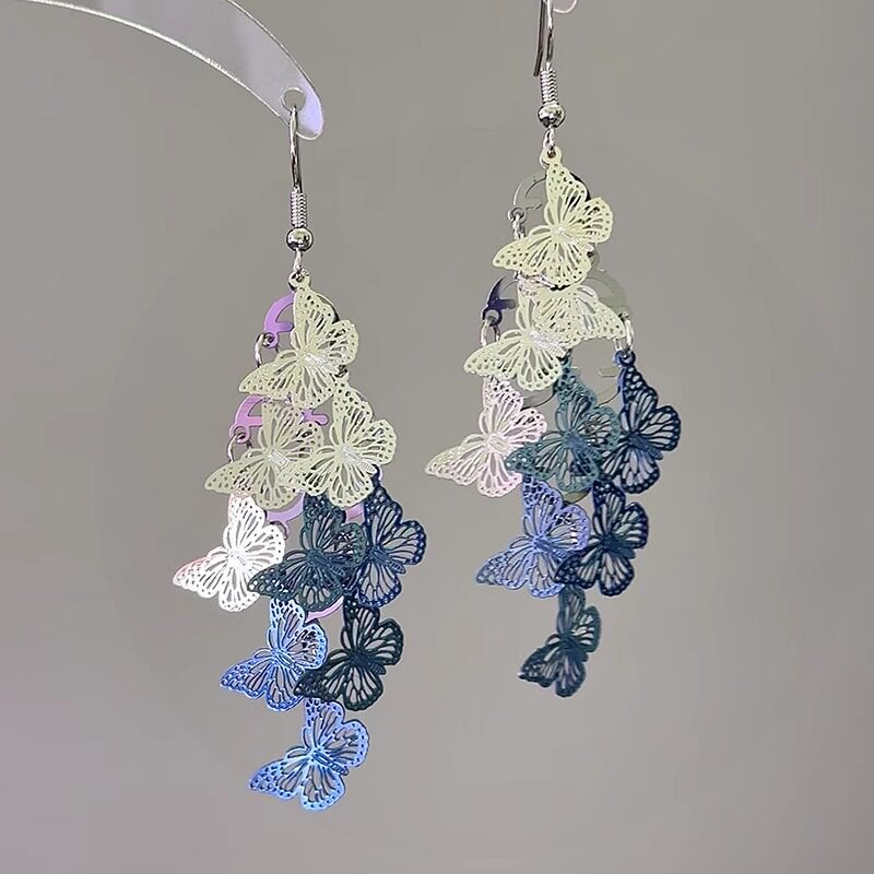 蓝白渐变镂空蝴蝶流苏耳环女耳饰