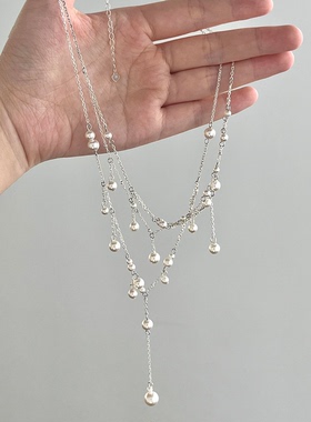 法式多层仿珍珠流苏项链女