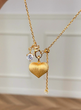 复古金色拉丝蜜桃爱心项链女