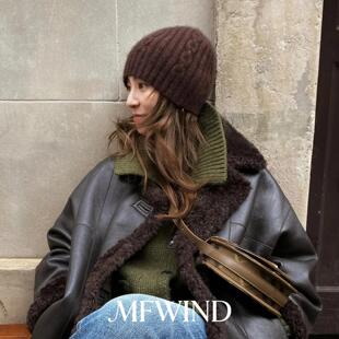 复古老钱风棕色麻花纹毛线帽女秋冬时尚针织帽保暖小众设计包头帽