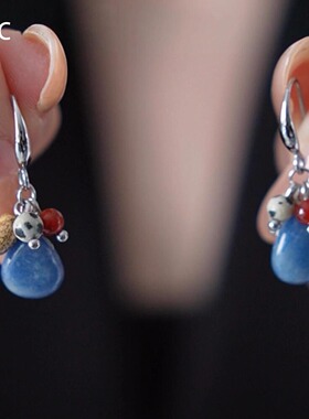 新中式复古蓝色石头流苏耳环女2025新爆款耳钉小众轻奢高级感耳饰