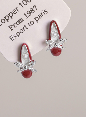 法式复古红色芭蕾舞鞋仿珍珠耳钉女款独特耳环轻奢小众高级感耳饰