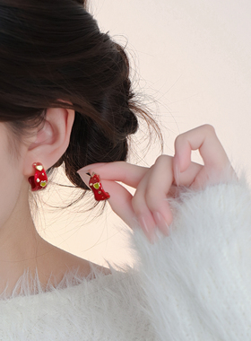 复古红色滴釉爱心耳环女独特气质百搭耳钉轻奢小众高级感新年耳饰