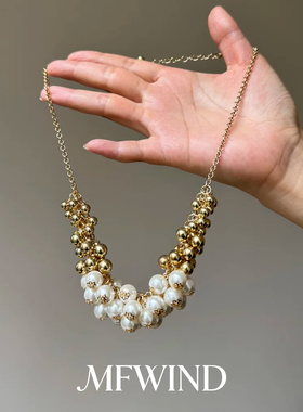 法式复古金属串珠仿珍珠项链女