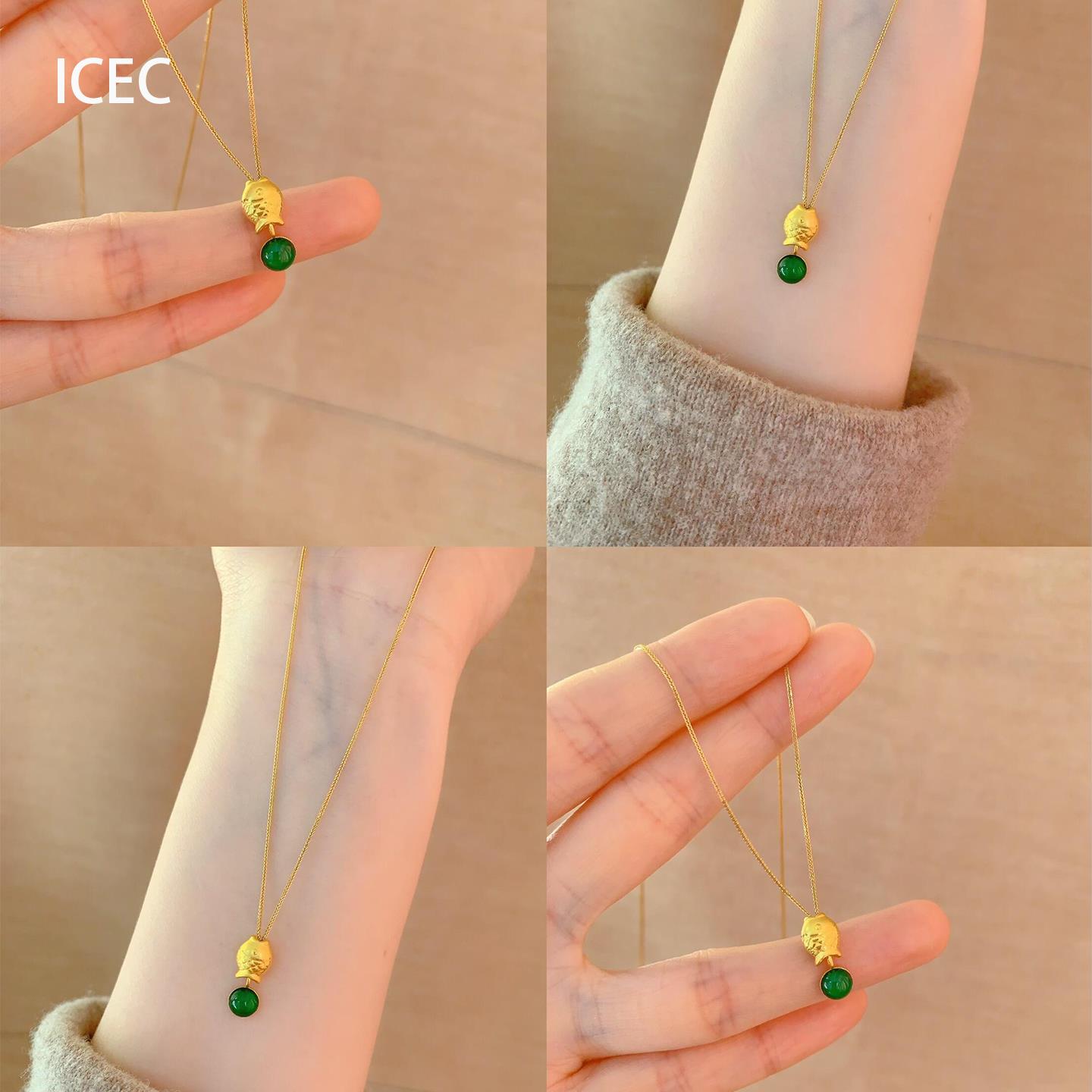 新中式金色小鱼仿玉髓项链女