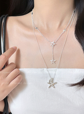 夏日度假风银色星星叠戴项链女