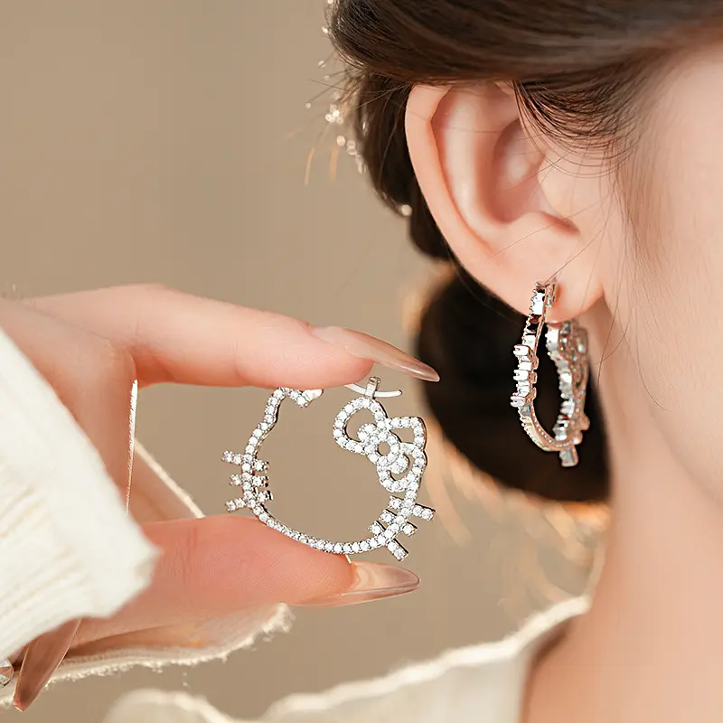 轻奢锆石镂空小猫咪耳扣韩系可爱甜美气质耳环小众夸张高级感耳饰