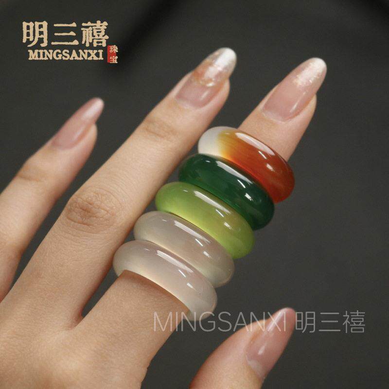 天宽然冰透圆玛瑙玉髓戒指女轮胎尾圈香槟白胖月光MSX-6ED8情侣戒