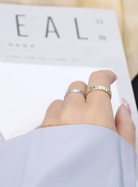 s925纯银不规则凹凸面金银锡箔纸纹开口戒指ins宽皱纹指环