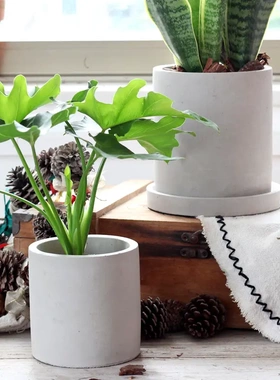 圆形水泥花盆白色灰色圆柱粗陶北欧陶瓷陶土简约陶盆小