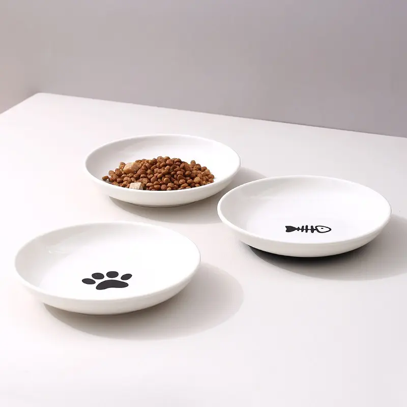 创意陶瓷宠物盘带硅胶垫家用猫爪食盆猫咪餐盘防滑猫碗猫猫盆