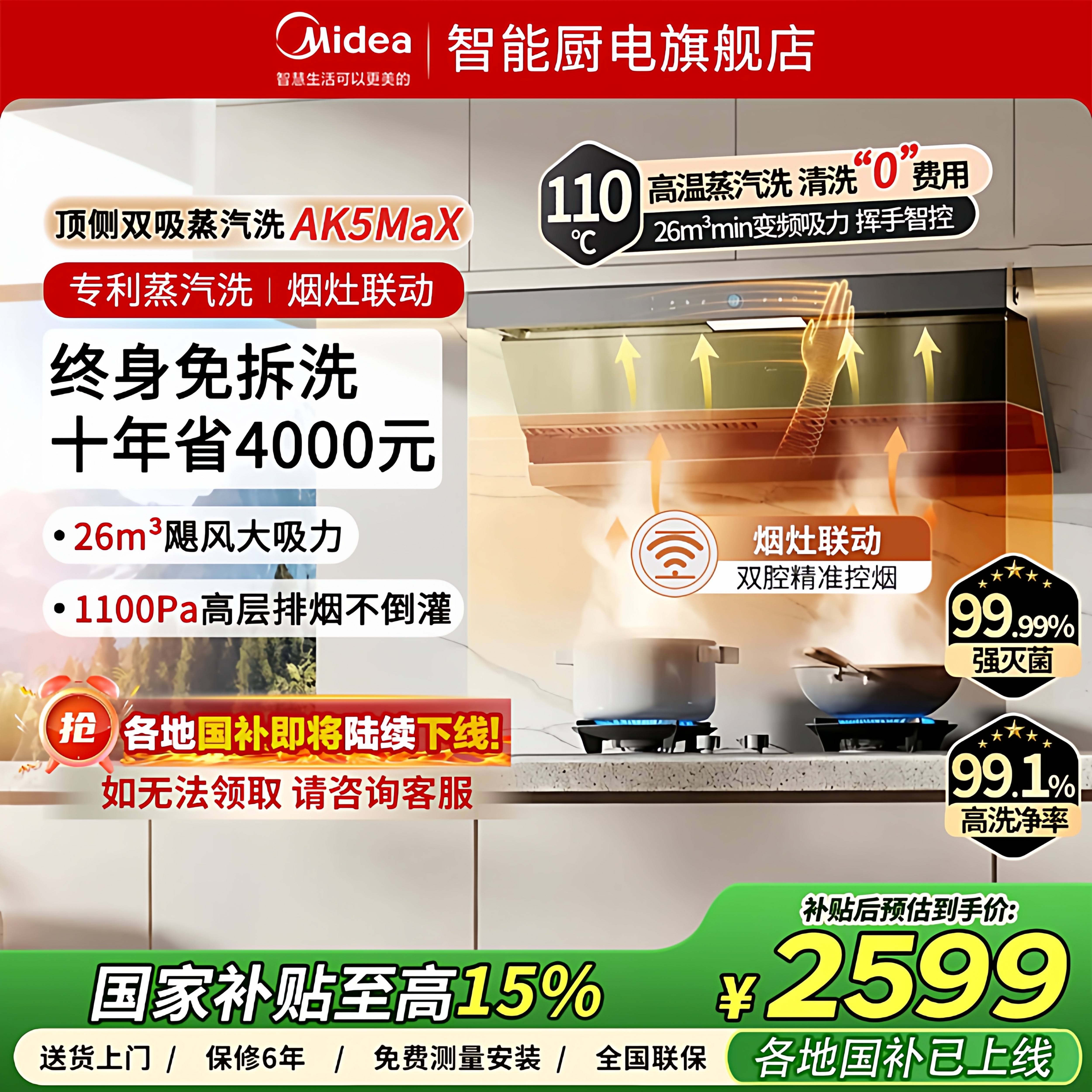 美的官方蒸汽免洗AK5Max抽油烟机套装家用厨房变频大吸力顶侧双