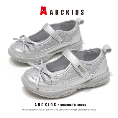 Abckids女童皮鞋2026夏季新款芭蕾风玛丽珍蝴蝶结女孩魔术贴软底