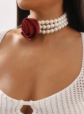 n11747欧美法式复古浪漫珍珠项链 清新甜美玫瑰花宴会颈链仿珍珠