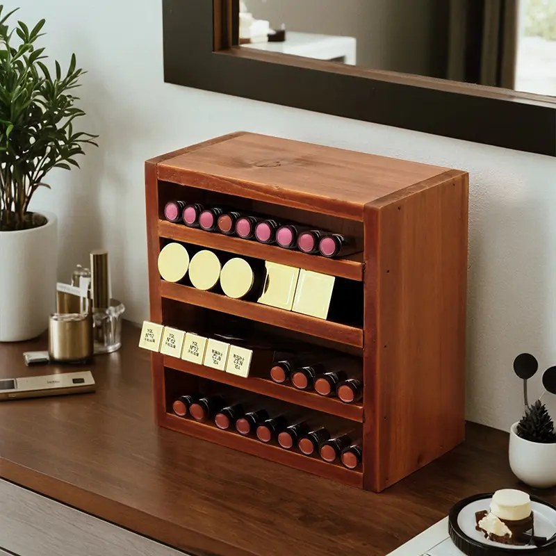实木收纳盒复古多层桌面展示架眼影小样化妆品整理置物架松木家居