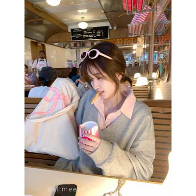 CallmeEar//【常春藤日记】拼接假两件卫衣女套头休闲宽松上衣秋