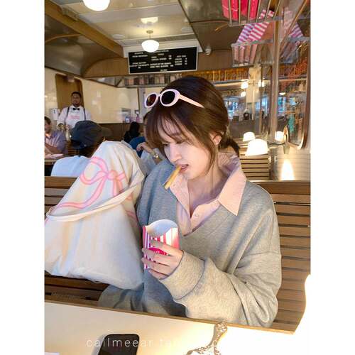CallmeEar//【常春藤日记】拼接假两件卫衣女套头休闲宽松上衣秋
