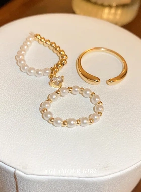 真金电镀锆石珍珠圆珠弹力开口戒指小众简约食指戒几何设计感配饰