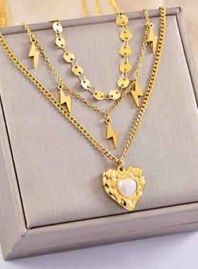 小众设计凹凸爱心珍珠吊坠项链多层叠戴圆片毛衣链饰品女不锈钢