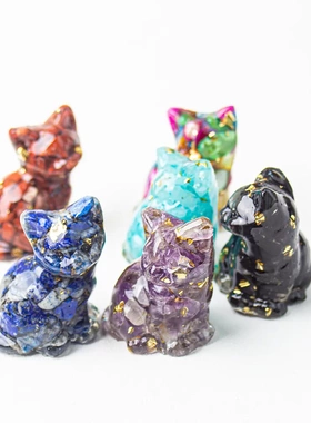 天然水晶碎石滴胶坐姿转脸可爱猫咪办公室家居桌面装饰摆件粉水晶