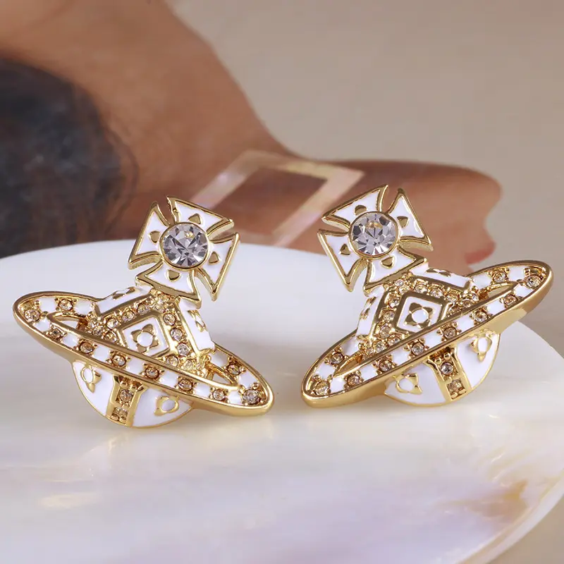 欧美饰品简约时尚立体星球菱形花纹珐琅彩釉耳钉女生混批铜电镀