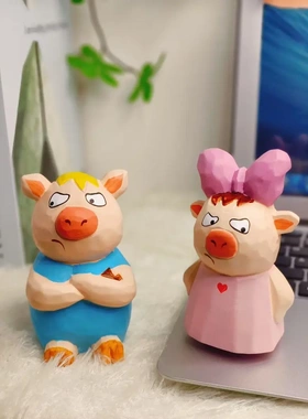 木制工艺品创意拽拽猪公仔木制玩具可爱绿毛生气猪搞笑发泄玩偶睡