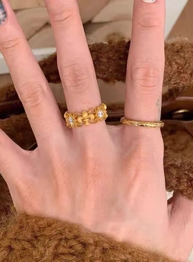 重工！中古鸢尾花蕾丝镶钻超闪戒指女生款小众设计轻奢高级感铜