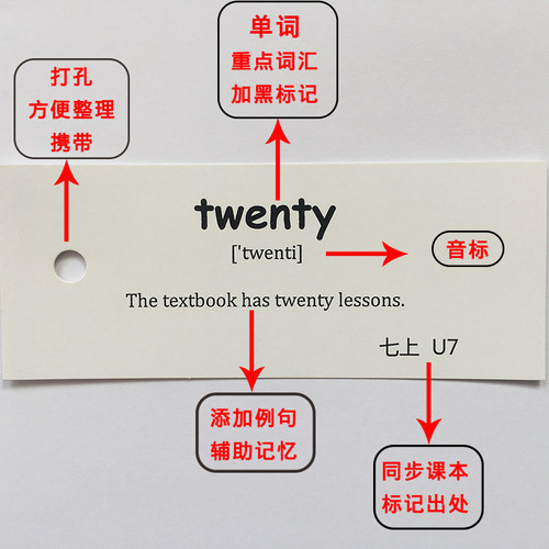 中考初中英语单词卡片人教v七八九年级背单词卡片加厚打孔便携