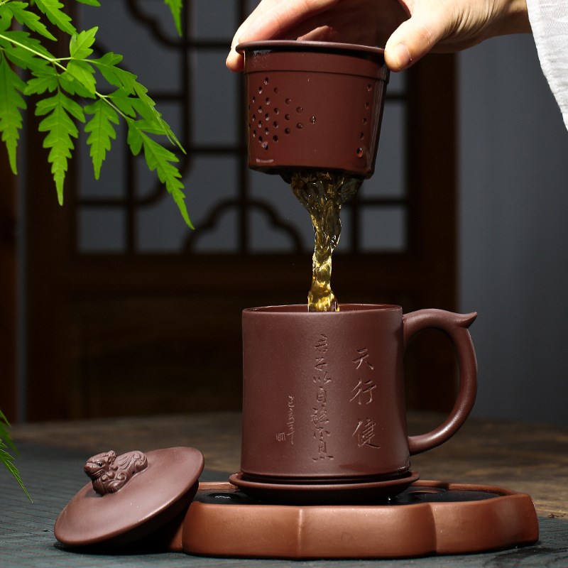 貔貅隔仓内胆盖杯全手工茶具办公F杯天行健紫砂茶杯子礼品套装
