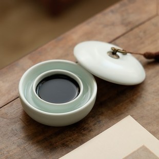 汝窑火锅砚防干墨海墨水池毛笔用品铜环流苏文房四宝盛墨F汁容器