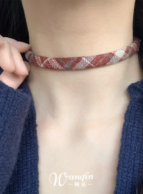 秋冬复古圣诞红色格纹项链甜美