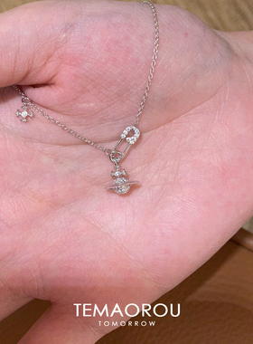 复古mini银色拉丝土星别针项链