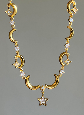 秋冬新款金色拼接月牙星辰项链