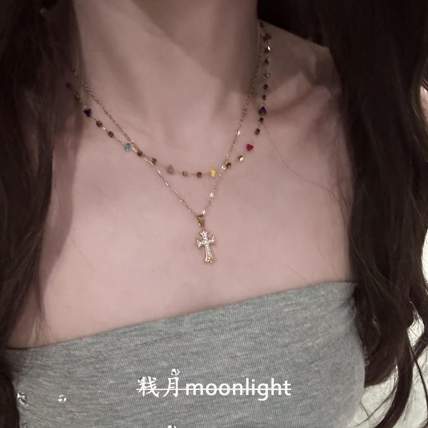 复古金色串珠十字架吊坠项链女
