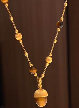 新年复古拉丝仿虎眼石松果项链