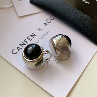 新中式仿黑玛瑙双面金属耳钉复古高级感轻奢耳扣耳饰百搭简约耳环