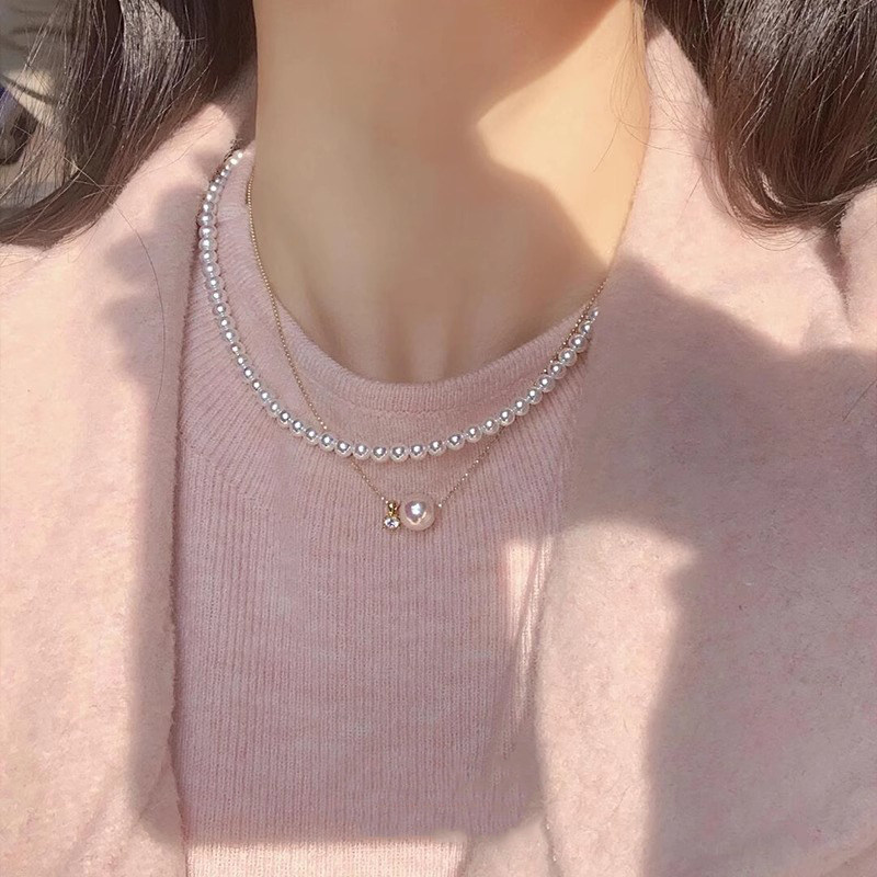 双层叠戴人造珍珠项链女锁骨颈链