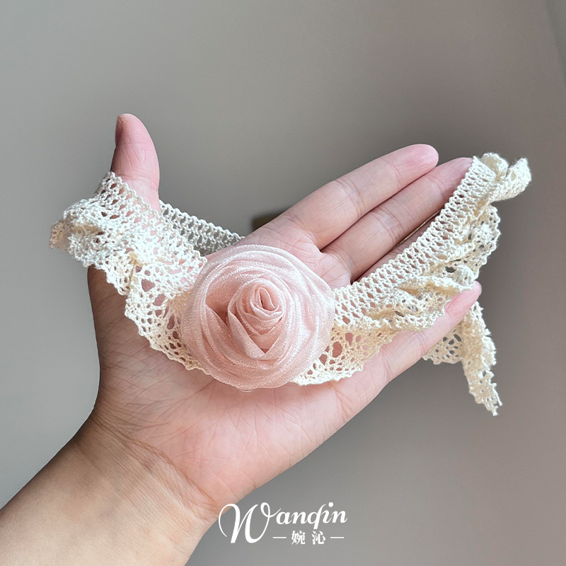 法式宫廷风蕾丝花边粉色玫瑰项链