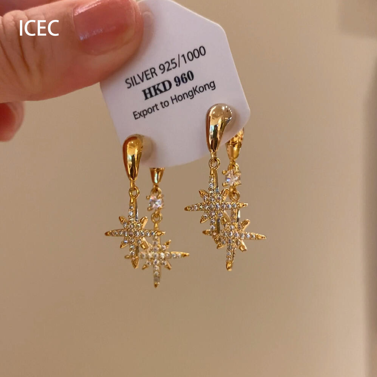 秋冬新款超闪金色满钻八芒星耳钉