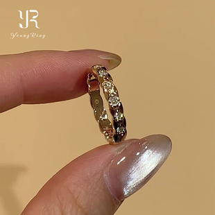 韩系窄版金色仿镶钻菱格戒指复古简约大气百搭食指戒小众精致指环