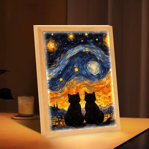 梵高星空萌宠猫咪灯光画卧室床头高级感小夜灯客厅创意礼物摆件