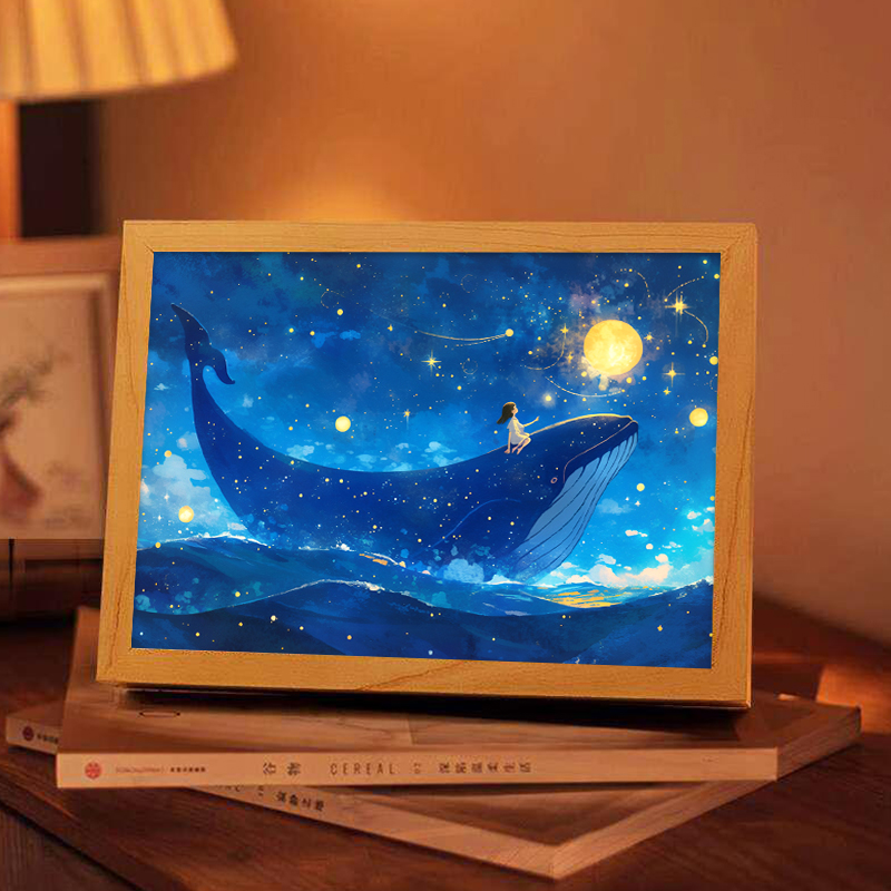 治愈系梦幻鲸鱼摆件画唯美动漫星空风景发光小夜灯创意实用礼物