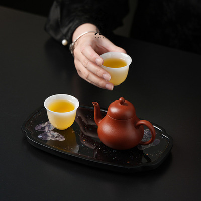 高颜值手工茶盘现代简约刺绣蝴蝶储水式家用茶室办公大圆盘干泡台