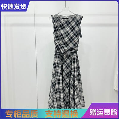 艾诺丝2026夏季新款收腰显瘦格子无袖不规则连衣裙女长裙BR902122