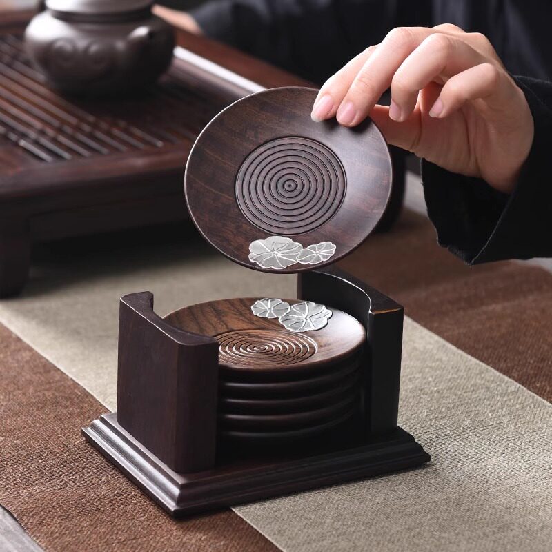 黑檀实木茶杯垫杯托茶杯架隔热垫碗垫功夫茶杯茶托组圆形茶道配件