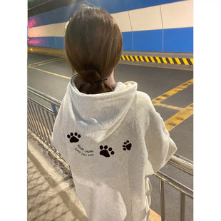 美式复古oversize白灰色连帽套头卫衣女秋冬宽松初中生高中生外套