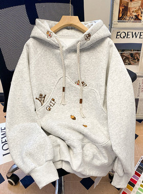 韩版卡通刺绣连帽卫衣女春秋冬加绒加厚宽松慵懒风高级感灰色外套